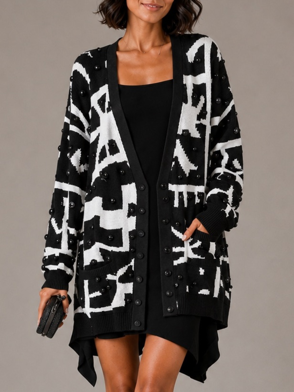 AMOUR Black & White Jacquard Cardigan with Button Studs size L